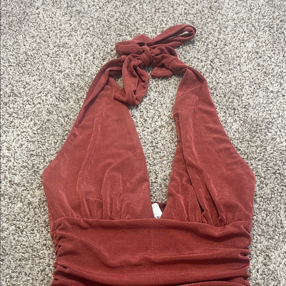 Windsor Rust Halter Ruched Mini Dress - Picture 3 of 4